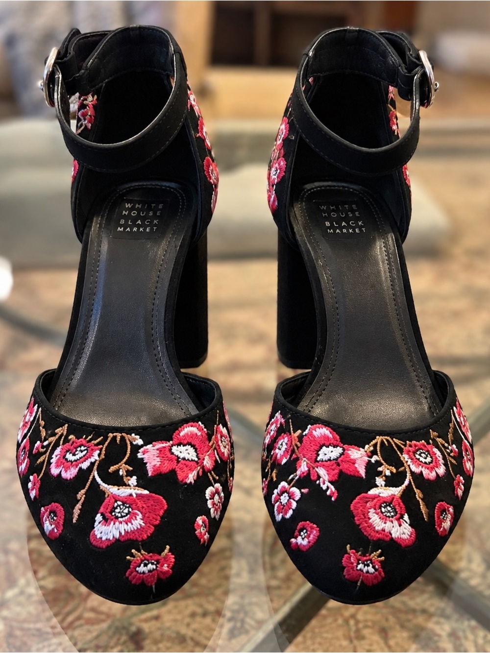 White House Black Market Floral Embroidered Block Heels 7.5